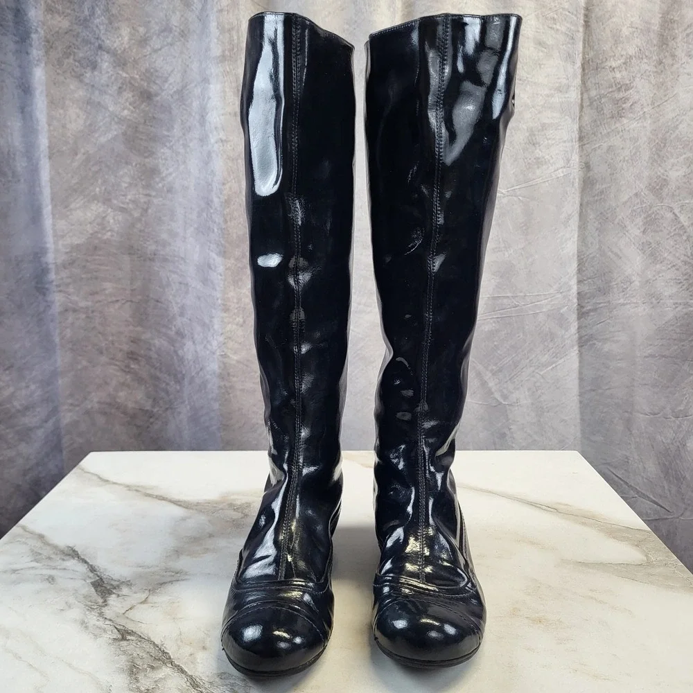 Lanvin Patent Leather Knee High Back Zip Boots Dark Blue Women's Size 6